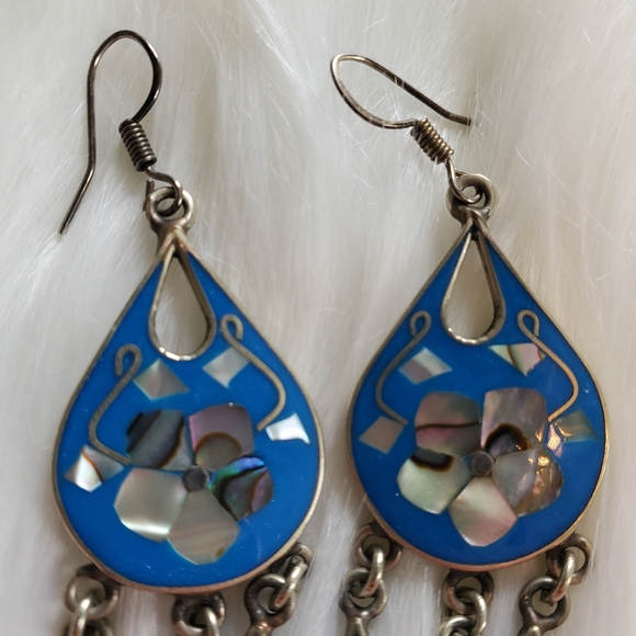 Cobalt Mexican blue and silver dangle earrings with flower design in center. - Picture 3 of 4
